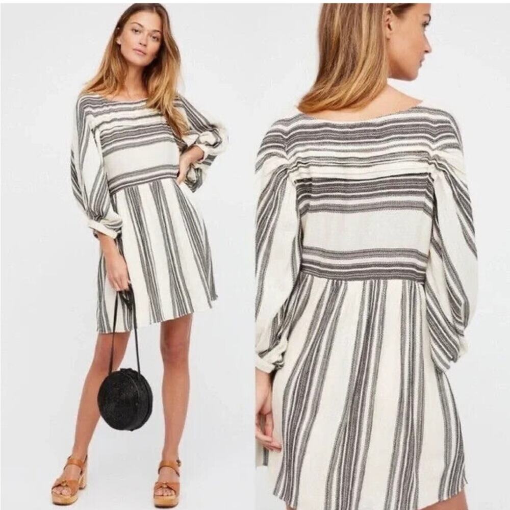 Free People Lilly Black White Gauze Mini Stripe Knit Dress Balloon Sleeve XS